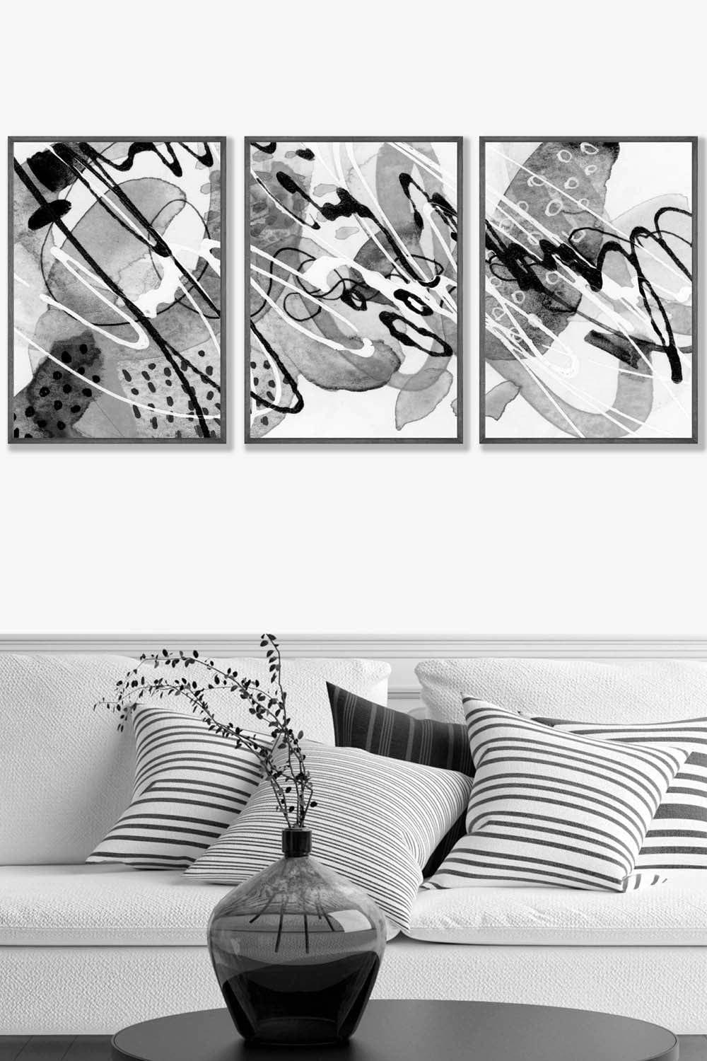 Set of 3 Dark Grey Framed Abstract Watercolour in Black and Grey Wall Art